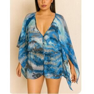 Willi smith lightweight blouse chiffon in blue colorway flowy semi sheer SZ L
